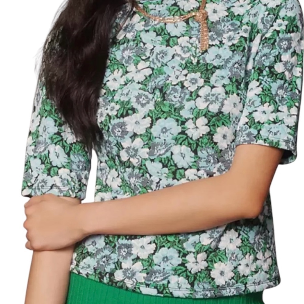 Anthropologie Green and White Boxy Blouse with Mock Collar Size XL